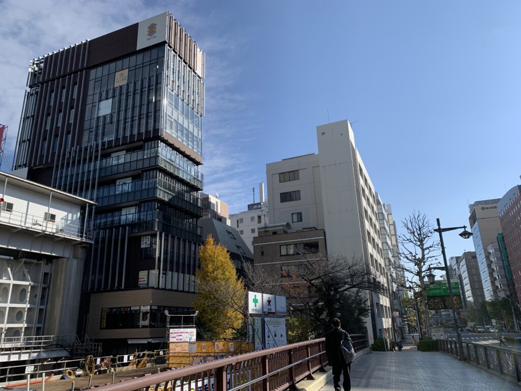 橋の上からはGAMSのビルが見える